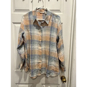 Soft Surroundings Women Top Sz Large Blue Yellow Harvest Linen Plaid Button Down